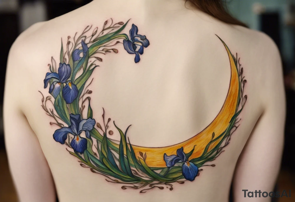Create a small, colorful Vincent van Gogh Irises tattoo in the form of a crescent, with vines gracefully intertwining at a central point in the middle of the wreath. The intended placement is on the upper chest. The middle needs mountains. The overall design should be small in size while maintaining a delicate and artistic aesthetic. Pay attention to the graceful flow of the vines and the placement of the irises to achieve a refined and elegant look. tattoo idea