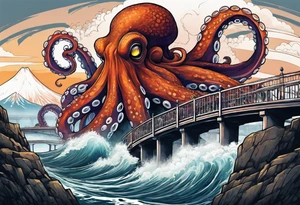 Octopus attacking a bridge with volcano in background erupting tattoo idea