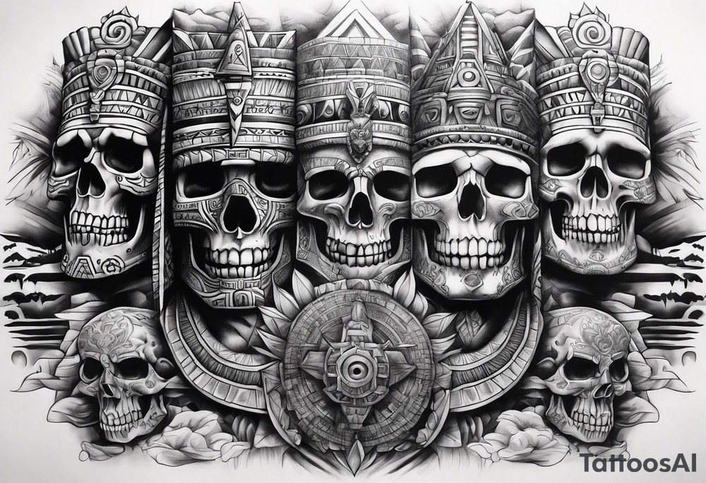 Aztec pyramids and wall of skulls sleeve tattoo idea