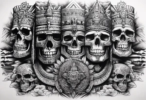 Aztec pyramids and wall of skulls sleeve tattoo idea