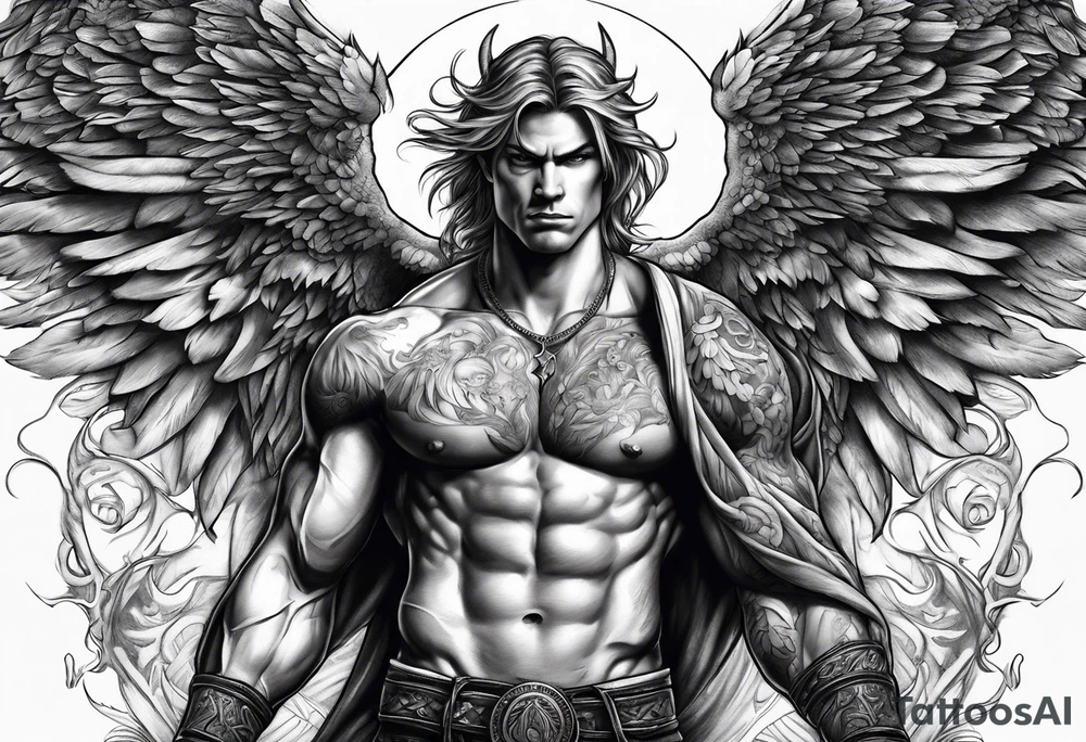 Micheal arc angel huntched over killing demons super muscular tattoo idea