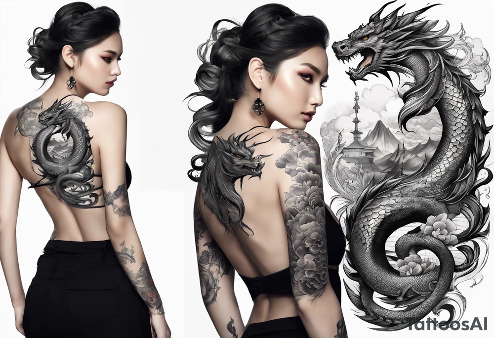 large back tattoo of warrior nymph with dragon tattoo idea