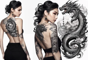 large back tattoo of warrior nymph with dragon tattoo idea