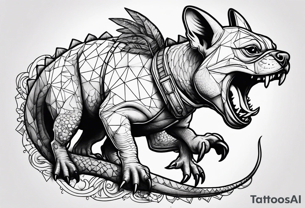 Frenchie riding dinosaur tattoo idea