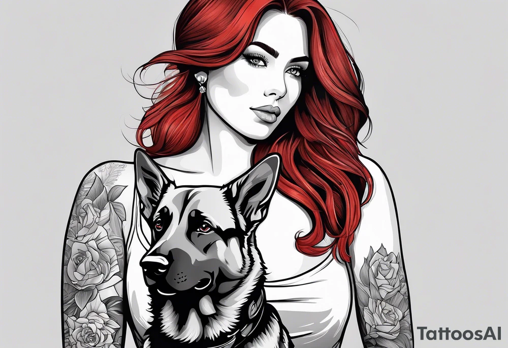 red hair woman with German shepherd dog tattoo idea