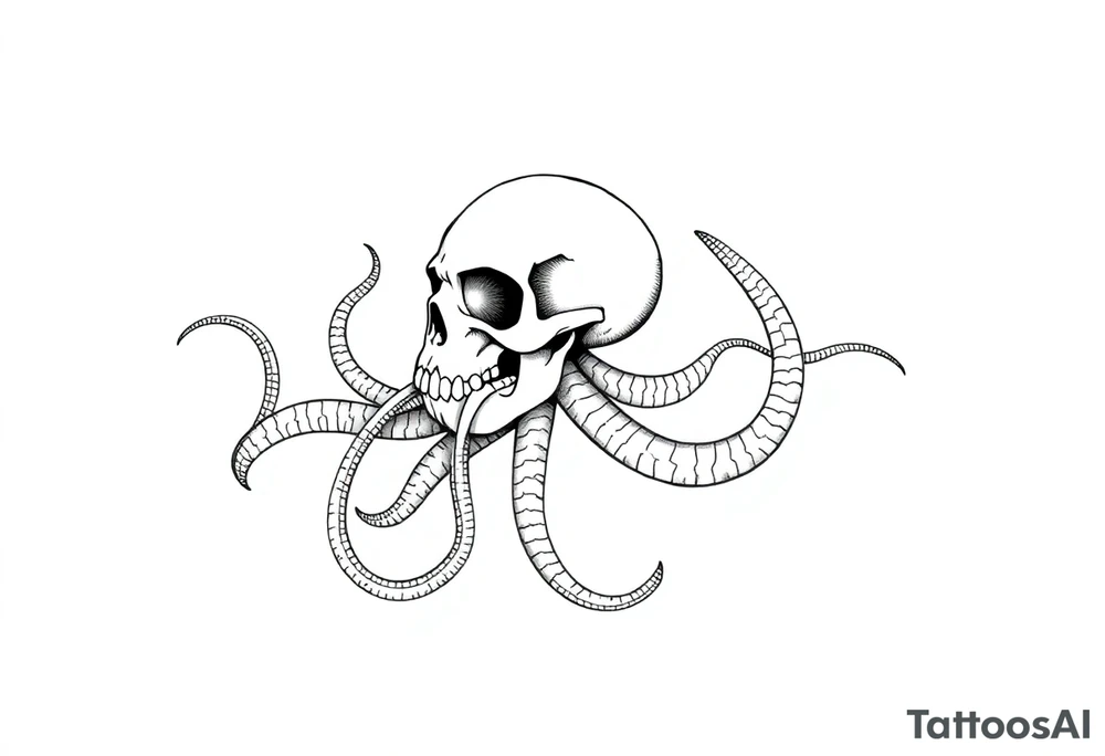 A minimalist blackwork tattoo design of a kraken with a skull fused into its head. The kraken is viewed from a 45-degree angle facing left, with its head centered and occupying 90% of the height of the head portion of the design. The tentacles extend only to the left and right, with none going downward beneath the head. The tattoo is designed to flow from the inner bicep into the forearm, creating a balanced and dynamic composition. The style is clean, fine-line detailing with bold outlines, avoiding heavy shading. The tentacles should be fluid, aggressive, and striking, enhancing the menacing and eerie look of the kraken while maintaining a cohesive design for a tattoo sleeve. tattoo idea