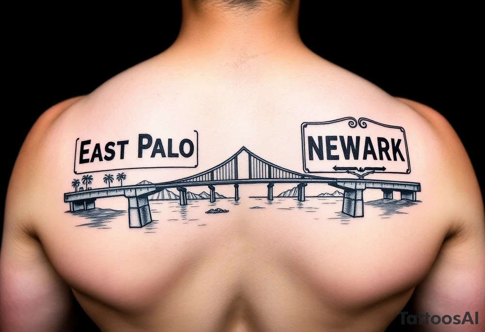 East Palo city sign and Newark city sign on opposite sides of a bridge going across water in California tattoo idea