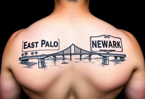 East Palo city sign and Newark city sign on opposite sides of a bridge going across water in California tattoo idea