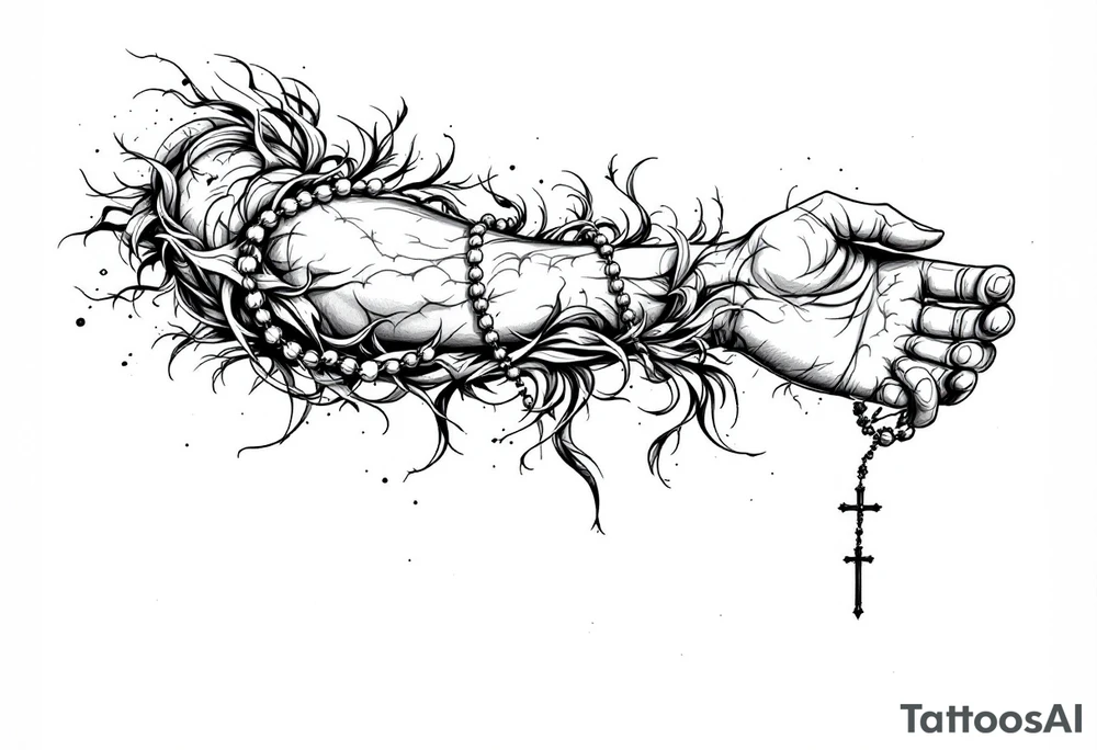 Left arm sleeve with a rosary necklace surrounding the arm from the top of the arm to the back of the palm tattoo idea