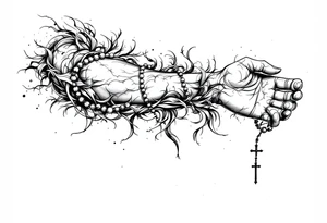 Left arm sleeve with a rosary necklace surrounding the arm from the top of the arm to the back of the palm tattoo idea