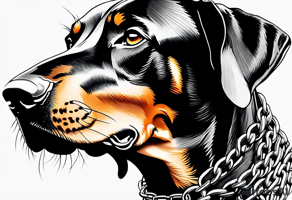 Doberman with open mouth biting
Wearing chain tattoo idea