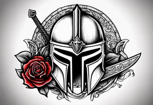 A miniature image of a Spartan helmet and a medieval sword with a rose. tattoo idea