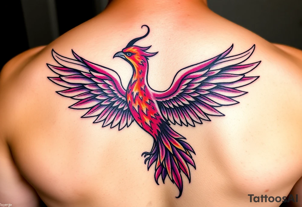 Phoenix with purple red and yellow color located on the lower back tattoo idea
