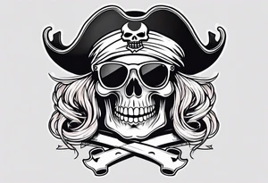 create a pirate flag with a feminine skull with two blonde pigtails and crossbones  wearing glasses tattoo idea