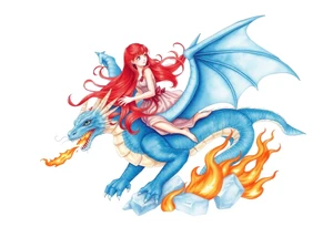 Redheaded girl on a blue dragon who is breathing fire with wings spread and flying over ice and flames tattoo idea