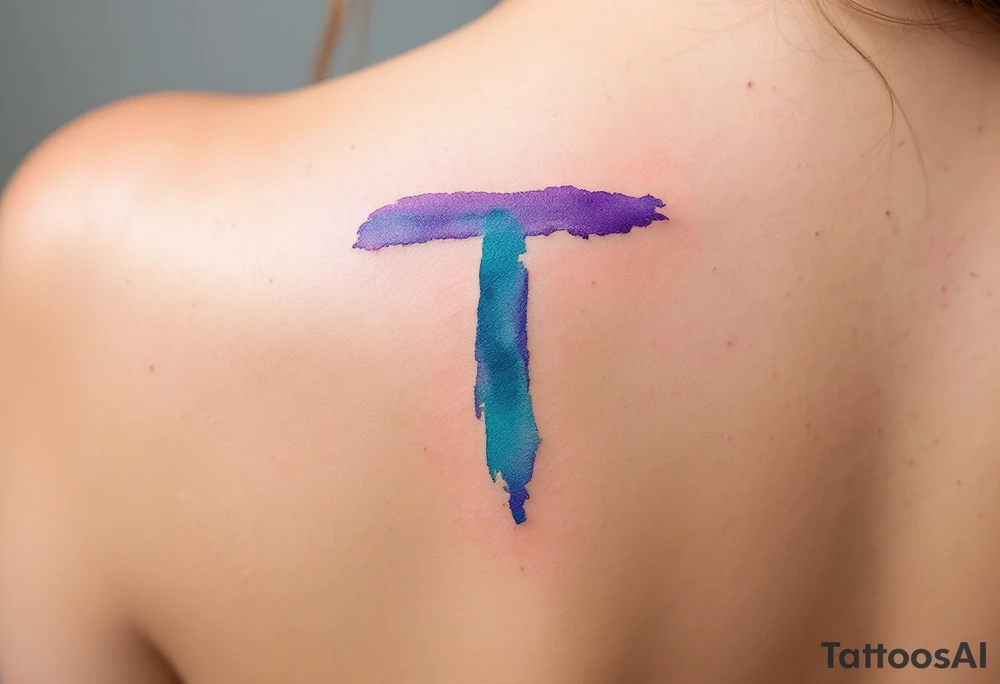 A watercolor-style "T" in shades of turquoise and purple, blending like paint strokes. tattoo idea