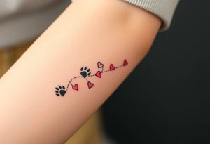 a lineal path of cat paw prints and hearts following the path tattoo idea