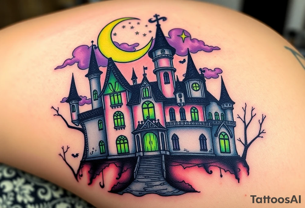 Tim Burton’s disney sleeping beauty’s haunted castle is abandoned and dripping with muted reds, dusty pinks, and eerie green glow.purple and cyan smokey clouds swirl in the crescent moonlit sky thats sprinkled with stars tattoo idea tattoo idea