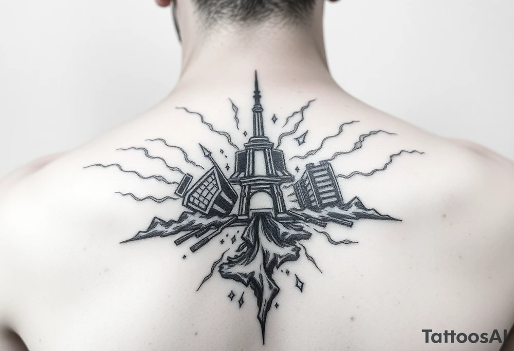 Beautiful disaster on front thight tattoo idea