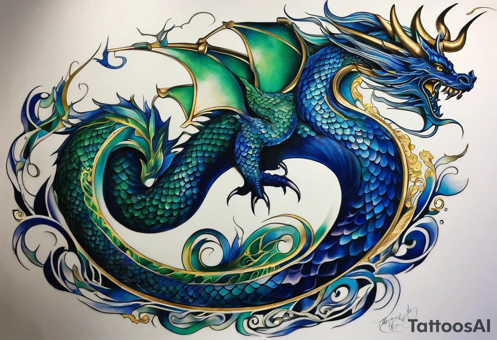 Surrealistic Tattoo: An epic with no wings, floating. Its long body coiling dynamically, with scales and horns detailed to create a sense of movement and strength. The dragon's main color is midnight blue but features little accents in green, blue, and gold, giving a vibrant depth and a mystical aura. This tattoo highlights the dragon’s fierce expression and sharp claws as it wraps protectively around the leg. Style: Surrealism tattoo idea