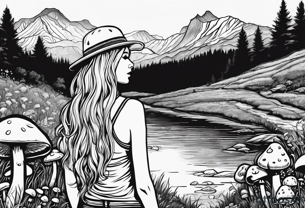 Straight long blonde hair hippie girl in distance holding mushrooms in hand facing away toward mountains and creek surrounded by mushrooms tee shirt and hiking pants tattoo idea