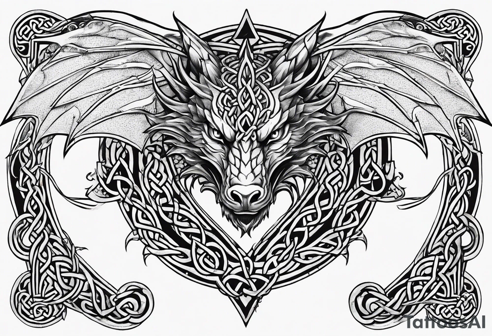 Celtic dragon tattoo with head on chest and tail that wraps over trapezius onto back tattoo idea