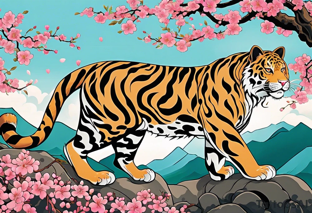 An irezumi style big cat, which looks like the traditional japanese drawing of a tiger. The colour and pattern of a jaguar on the body of the big cat. It should be climbing upwards, with the head looking to the right. The background is a stylised cherry blossom tree with multiple shades of pink for the blossoms. The colours of the background are not dark, so that the jaguar stands out against the background. 
The drawing must be traditional japanese style tattoo tattoo idea