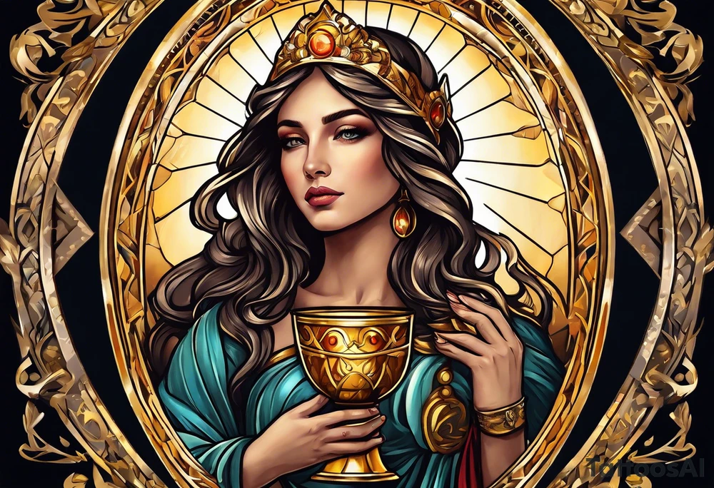 woman saint holding chalice surrounded by golden halo portrait tattoo idea