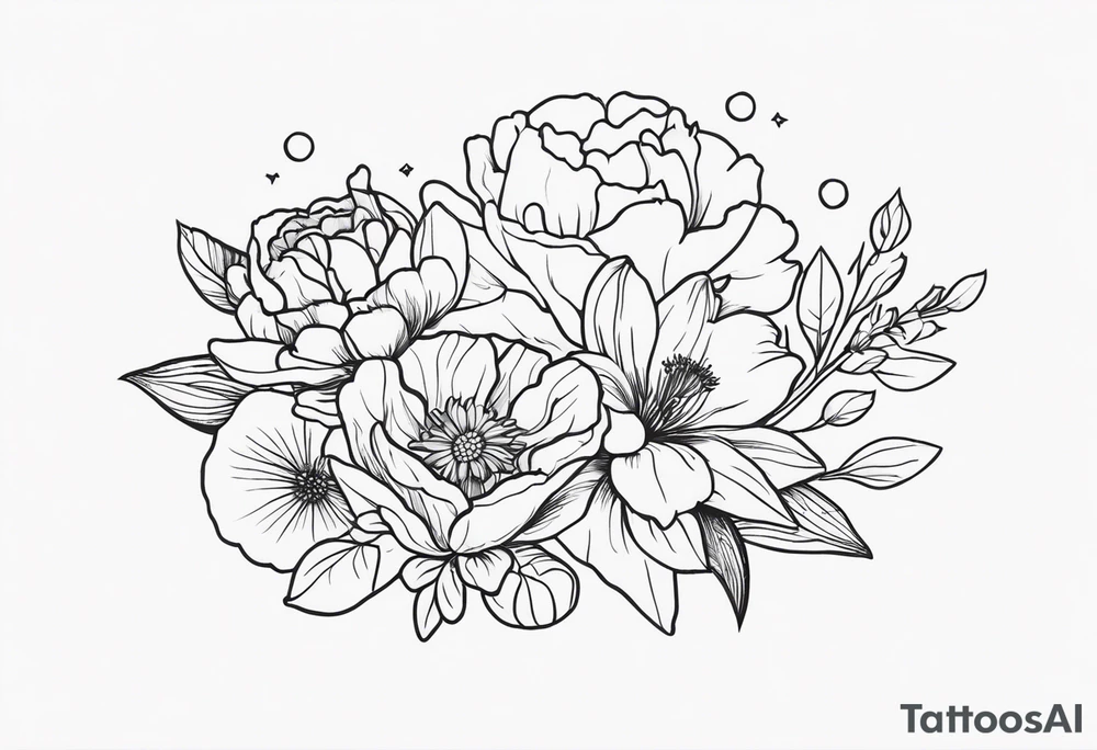 small minimalist black and white tattoo of a cute flower bouquet that MUST include 6 DIFFERENT flowers with ONE OF EACH: a carnation, a daffodil, a lily stock, a rose, a cosmos, and a chrysanthemum. tied together with a small bow tattoo idea