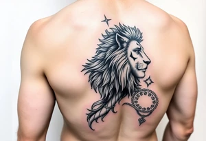 woman that transforms into lionness with amazigh symbols, from right rib to right thigh tattoo idea