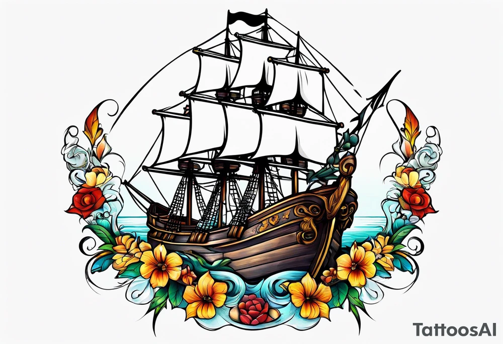 Ship pirate, flower, animal tattoo idea