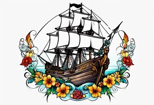 Ship pirate, flower, animal tattoo idea