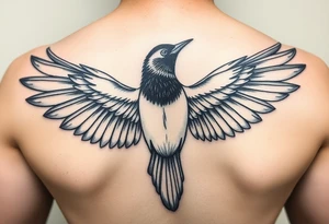 Magpie with spread wings looking over it's shoulder tattoo idea