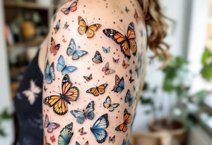 Many different butterflies in many different sizes and colors at least one monarch and in many stages of flight tattoo idea