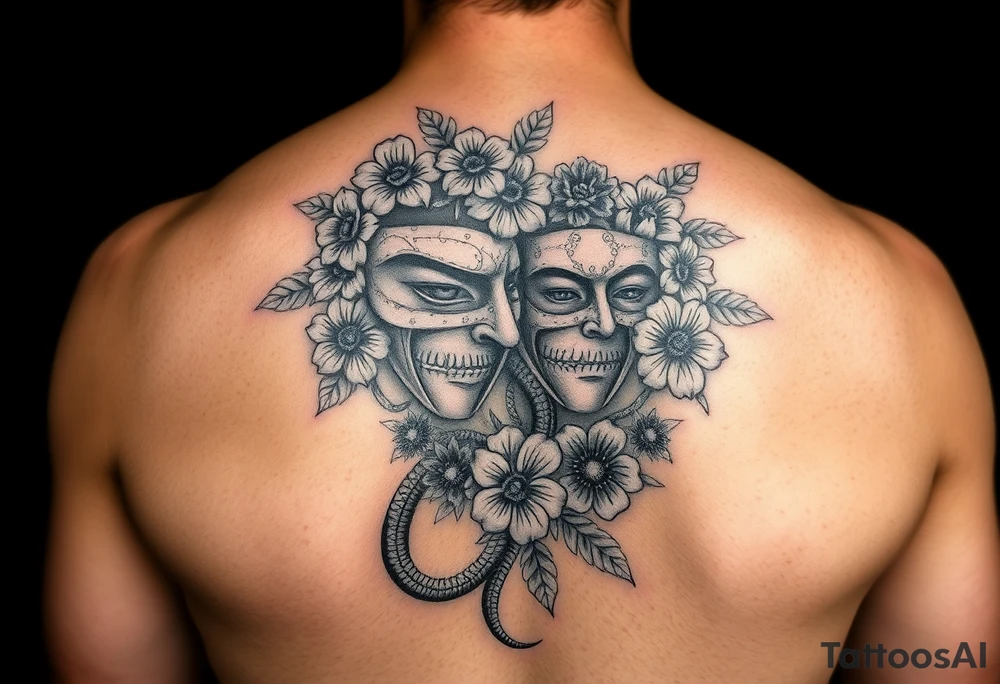 I want a two face masked tattoo with flowers, snakes , vines, jungle like all around On the forearm going down to my hand with cute flowers on it tattoo idea