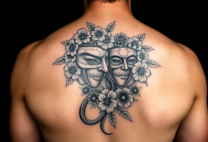 I want a two face masked tattoo with flowers, snakes , vines, jungle like all around On the forearm going down to my hand with cute flowers on it tattoo idea