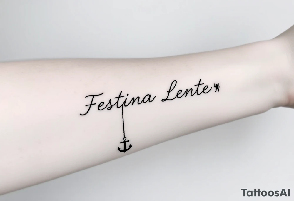A small, minimal conceptual tattoo for the inner arm.
The phrase “Festina Lente” is not written traditionally; instead, the entire text is formed subtly from a single thin rope.
At the lower end of the rope, a small anchor is attached and appears embedded into the skin, symbolizing patience and stability.
At the opposite end, the rope is being pulled by a very small, minimal, symbolic devil silhouette representing haste.
The rope naturally twists and curves to form the letters of “Festina Lente”, so that at first glance it looks like an abstract rope composition, but upon closer inspection the text becomes readable.
Highly refined, modern calligraphic flow created by the rope itself, elegant and understated.
Black ink only, ultra-fine line work, minimal shading, strong use of negative space, contemporary 2026 tattoo style.
No traditional tattoo elements, no bold outlines, no old-school style, no decorative ornaments.
Clean, intelligent, subtle storytelling tattoo suitable for a small inner-arm placement. tattoo idea