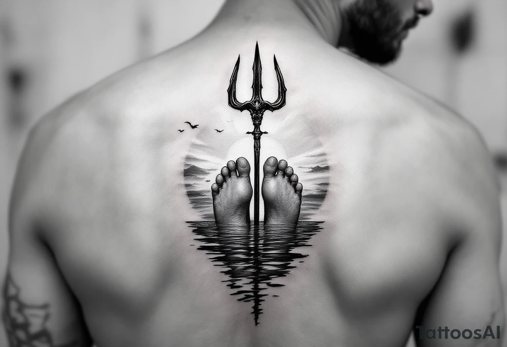 barefeet behind trident half way under water and sunset tattoo idea