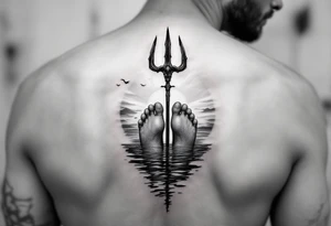 barefeet behind trident half way under water and sunset tattoo idea