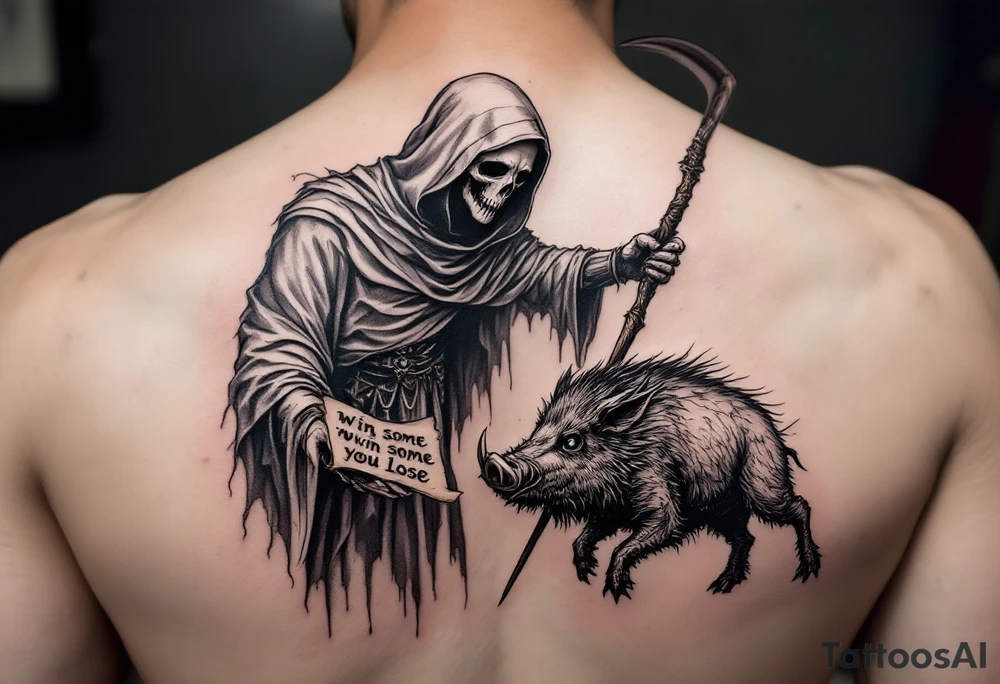 Grim reaper looking down on a bug feral boar while holding a scythe and scroll. The scroll has the words “You win some you lose some” written on it tattoo idea