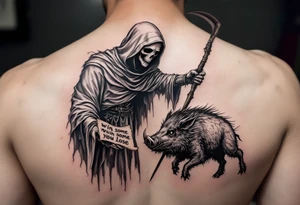 Grim reaper looking down on a bug feral boar while holding a scythe and scroll. The scroll has the words “You win some you lose some” written on it tattoo idea