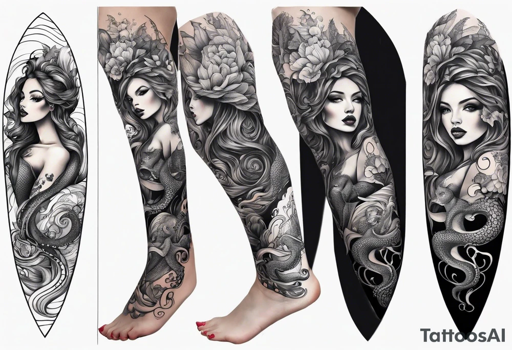 Leg sleeve with mermaid and octopus tattoo idea