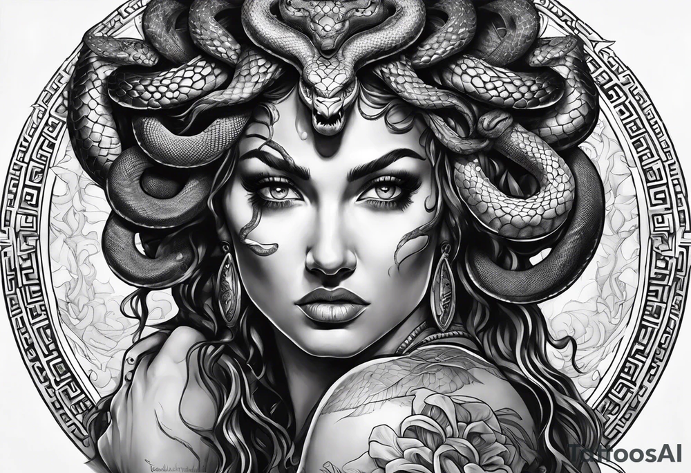 Realistic Medusa with Snake Eyes, hands on her cheek looking scared with a greek background tattoo idea