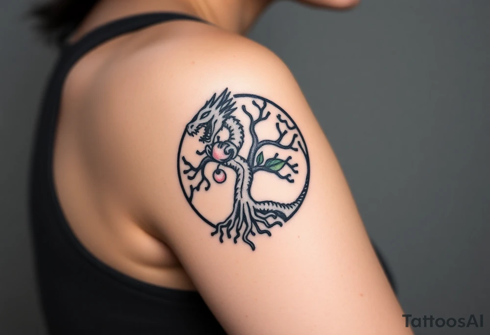 a dragon forming a circle with its body.  the dragon encircles the tree of life.   the tree of life has fruit  and the dragon is eating the fruit. the roots of the tree are strangling the tail of the dragon tattoo idea