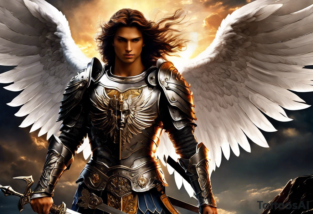 **Tattoo Design: Archangel Michael**

- **Central Theme**: Archangel Michael, majestic and powerful, stands ready with a raised sword, prepared to battle evil.
- **Appearance**: The figure of Archangel Michael depicted in full angelic armor, with majestic wings spread wide.
- **Expression**: His stance conveys strength, courage, and determination in defense of good.
- **Details**: Focus on intricate details such as facial features, armor embellishments, and the raised sword.
- **Background**: May be stylized as celestial, with rays of light or clouds, accentuating the divine presence of Archangel Michael.
- **Placement**: Intended for placement on the chosen body area, with the option to adjust the size according to personal preferences. tattoo idea