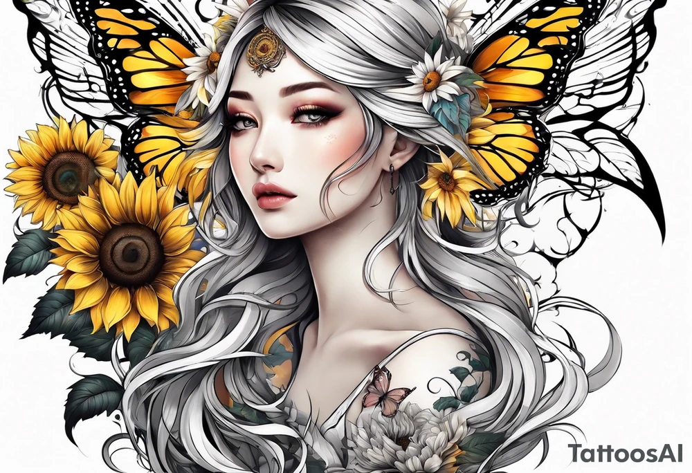 Sleeve with angel wings, sunflower and butterfly tattoo idea