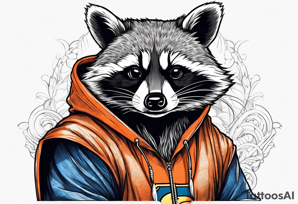 Raccoon wearing an orange Superman hoodie tattoo idea