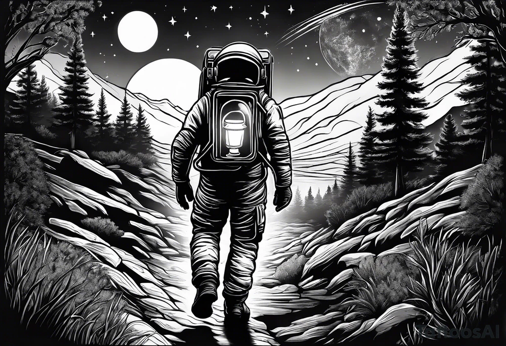 An astronaut using a candle lantern to walk through beautiful landscape in the dark tattoo idea