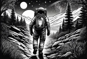 An astronaut using a candle lantern to walk through beautiful landscape in the dark tattoo idea