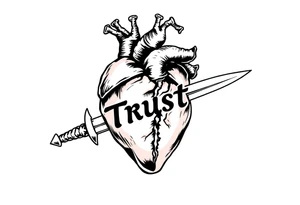 Anatomical heart torn and ripped being held together with the word trust as a elegant sword. tattoo idea